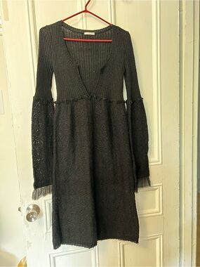 Black V-Neck Knit Dress with Ruffle Details